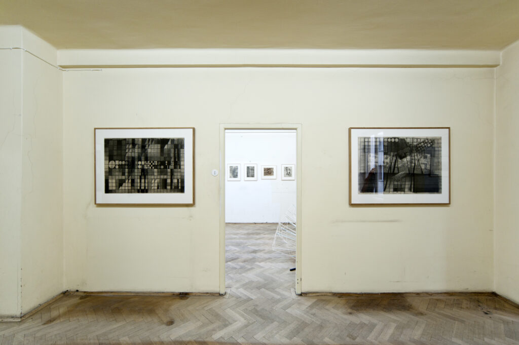 LEFT:
CONSTANTIN FLONDOR
CONTRE-JOUR IN WOODS, 1967
CHARCOAL ON PAPER
RIGHT:
CONSTANTIN FLONDOR
CONTRE-JOUR IN WOODS, 1967
CHARCOAL ON PAPER
70 X 100 C
70 X 100 CM
AT BACK:
INSTALLATION VIEW OF 4 ROMAN COTOSMAN WORKS,
AND FOREGROUND WORK BY DORU TULCAN