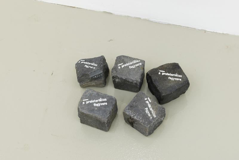 SÁNDOR PINCZEHELY
COBBLESTONE IS THE WEAPON OF THE PROLETARIAT, 1976
SCREEN PRINTED BASALT CUBE, 5 PARTS
11 X 11 X 11 CM (EACH)