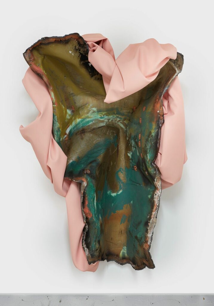 Pink and green music, 2023, paint skin, metal, 85 x 57 x 35 in
