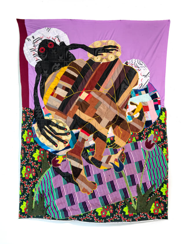 Lullaby, 2021 Quilt vintage corduroy, donated clothes, clothes from the artist, Ghanaian embroidered fabrics, hand-woven Ghanaian kente, wax block print cotton fabric, and wool