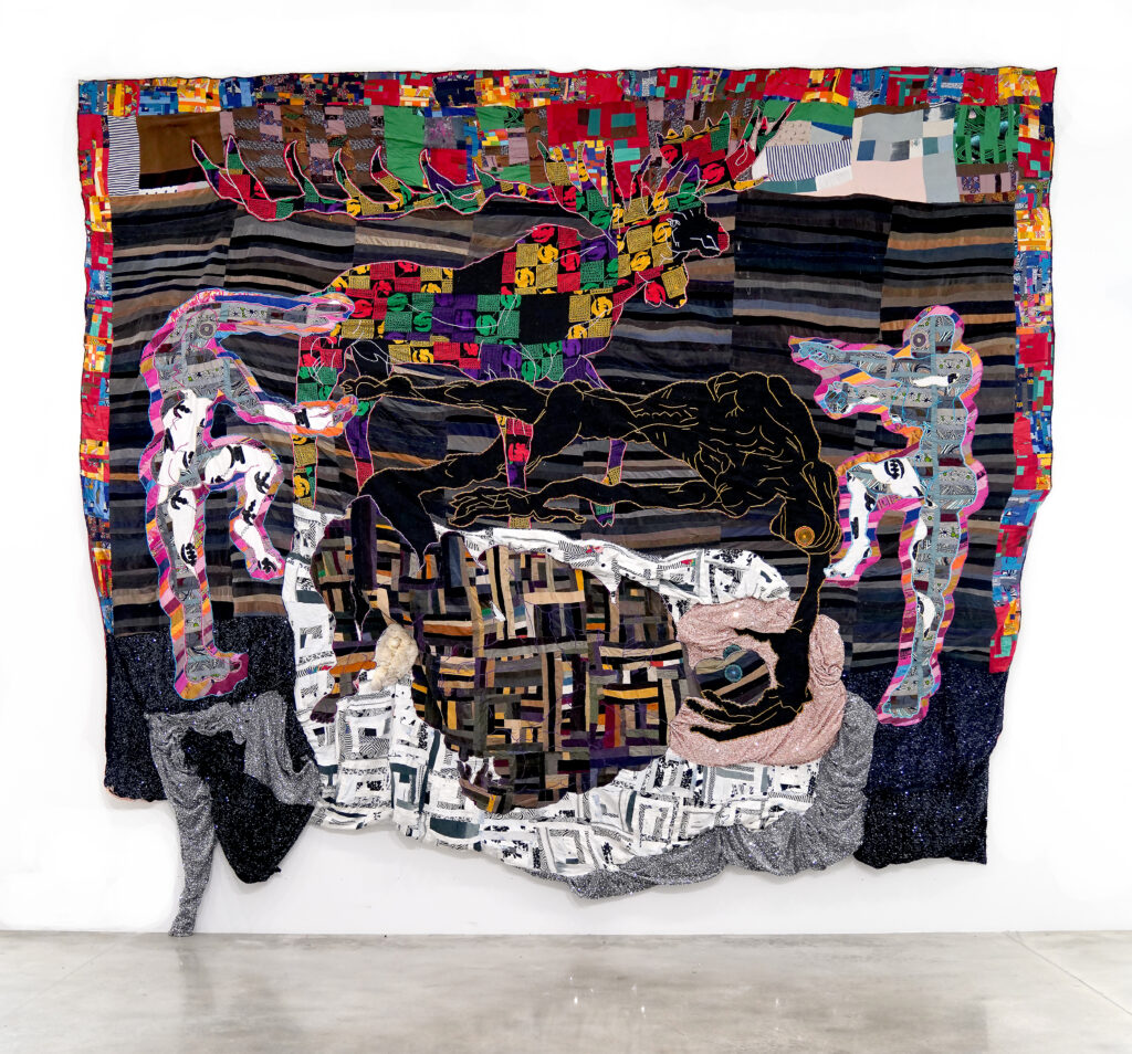 The Fields We Lay and Turn with Horns, 2023 Corduroy, Kente, Ghanaian Wax Block Fabric, cotton, wool, fur, polyester, sequins, embroidery floss, selected materials from previous performance works, curtains 180 x 240 x 6 in. 457.2 x 609.6 x 15.3 cm.