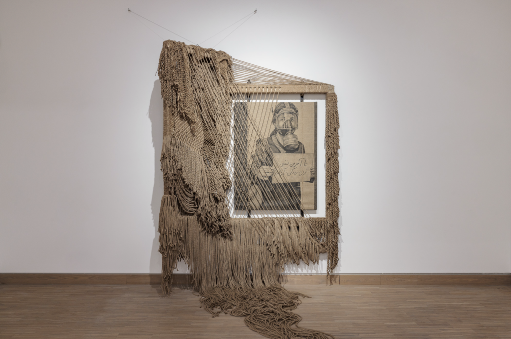 new persian carpet (till my last breath, woman life freedom), 2023 mixed media (hemp ropes, wood, steel, glue, linen and wax crayon) ca. 300 x 210 x 60