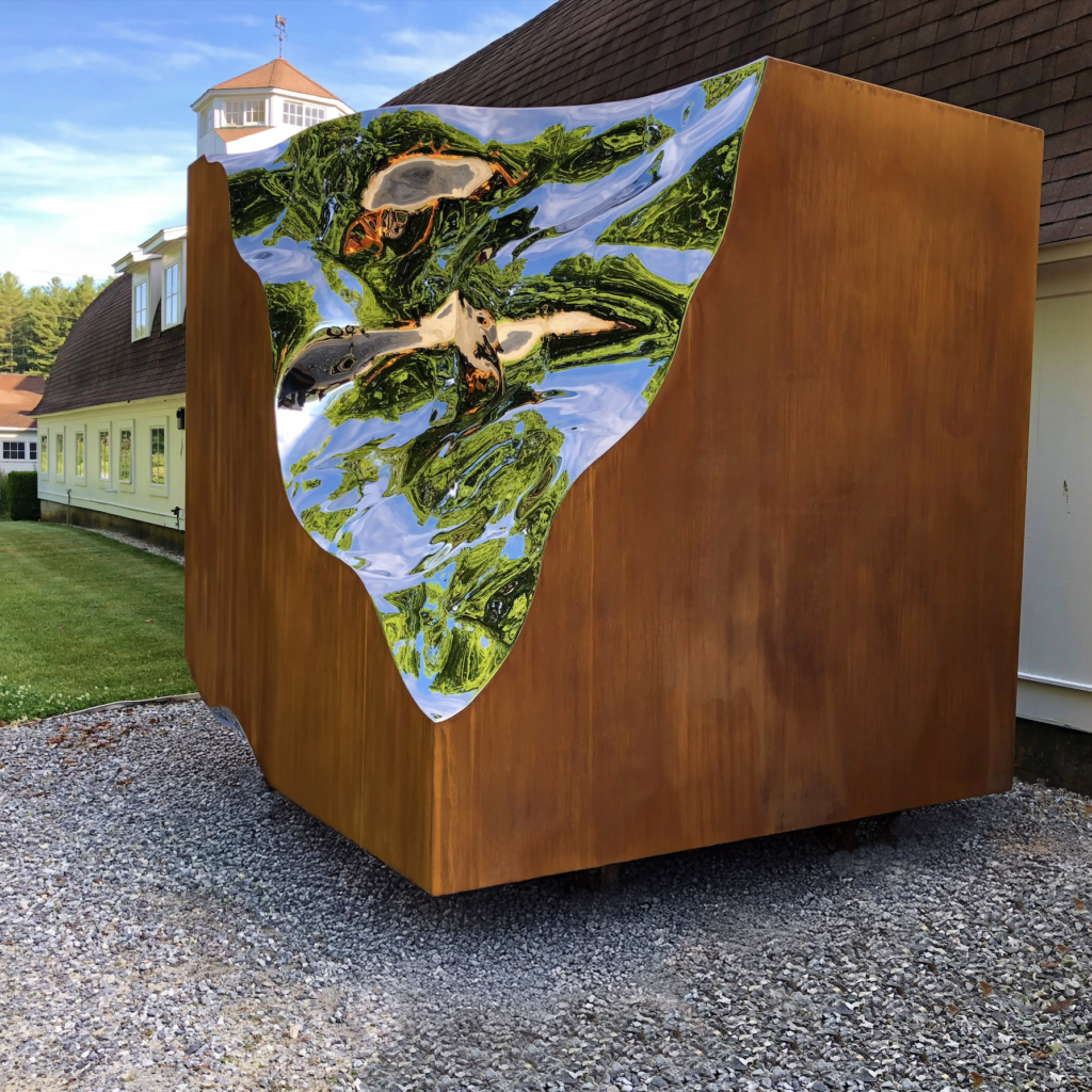 Alembic Cube , 2018-2020 CorTen and Mirror Polished Marine Grade Stainless Steel 100 x 96 x 96 in. 254 x 244 x 244 cm.