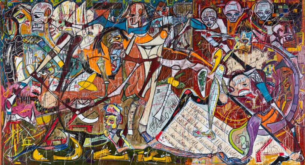 Mondo Carne, 2022 Oil, oil stick, pastel, acrylic, charcoal, gouache on canvas 103 x 191 in. 261.62 x 485.14 cm.