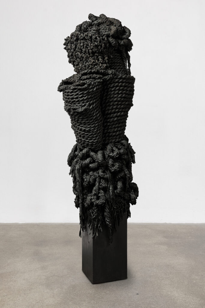 Kur Kur, 2025 Hemp ropes, Glue, concrete, steel and acrylic 72⅞ x 21⅝ x 27½ in. 185.00 x 55.00 x 70.00 cm