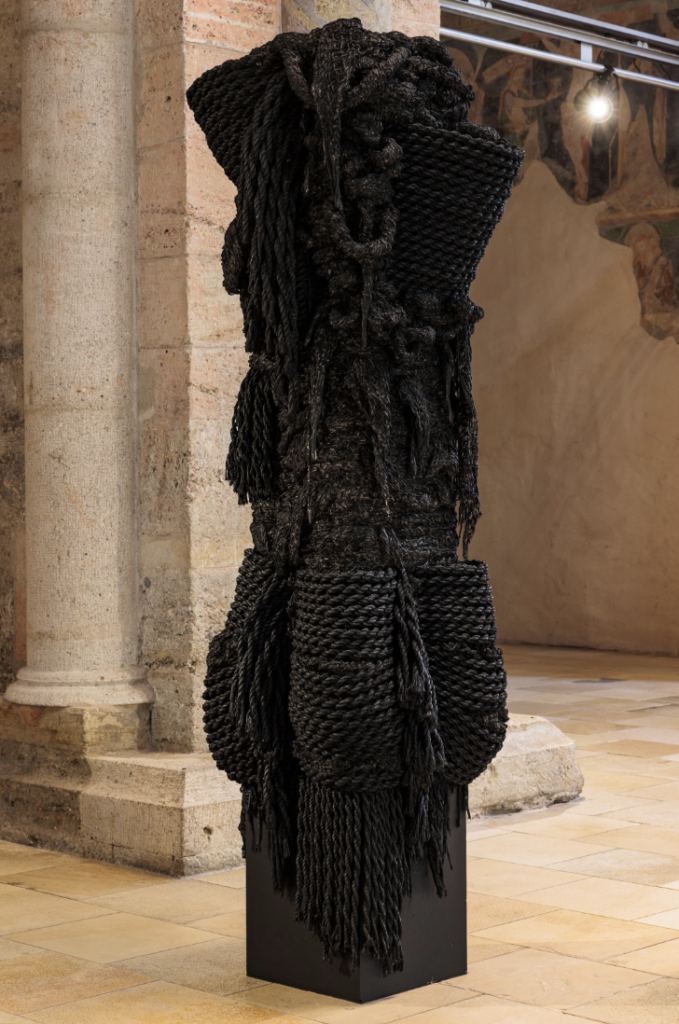 Sepehr, 2025-2026 Hemp rope, textile, concrete, steel, acrylic and glue 94½ x 31½ x 31½ in. 240 x 80 x 80 cm